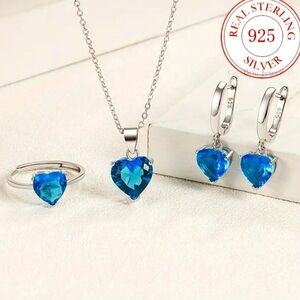925 Sterling Silver Romantic Heart-Shaped Cubic Zirconia Necklace, Ring, And Ear